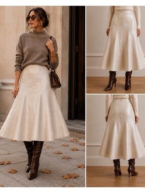 CAMILLA AND MARC Ivory Pebbled Leather Fit Flare Midi Skirt US 2